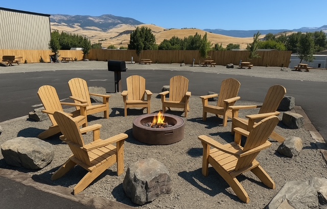 Community fire pit ringed with Adirondack chairs, mountains beyond