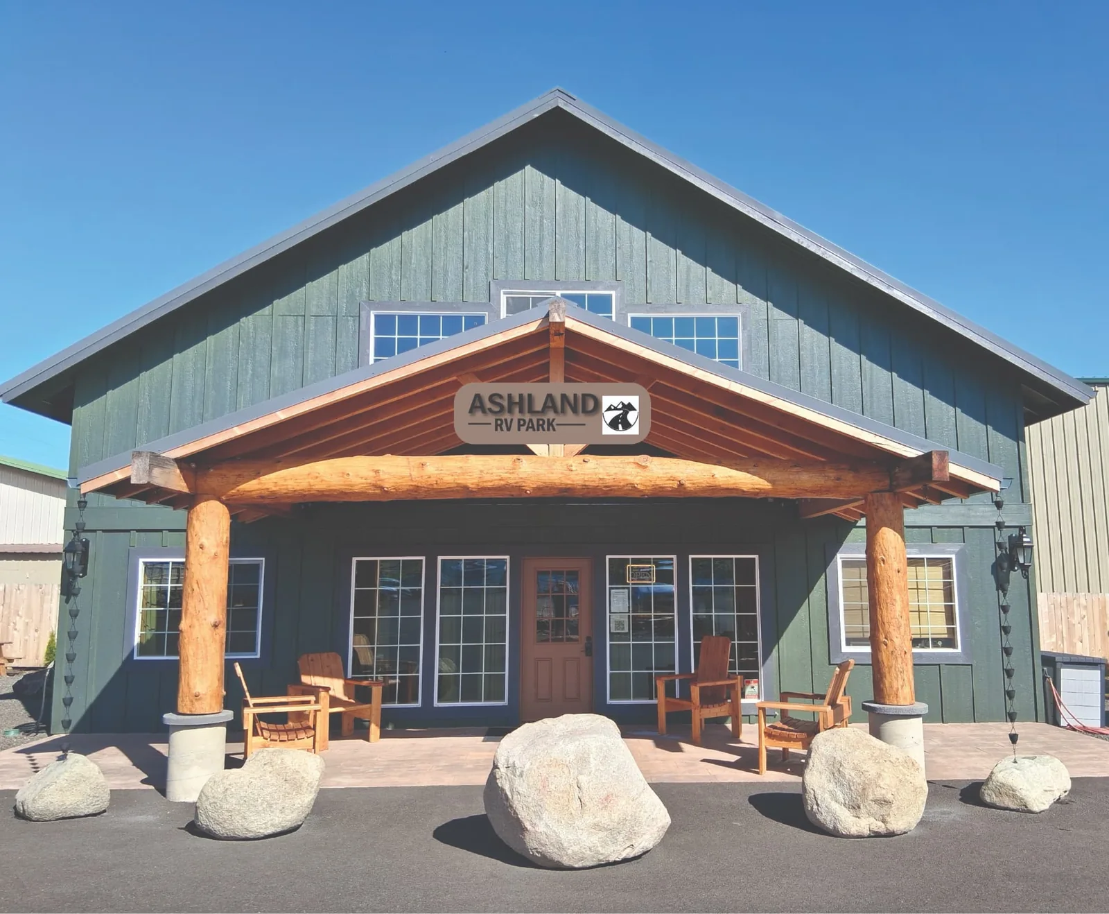 Front entrance of the green Ashland RV Park lodge with its sign