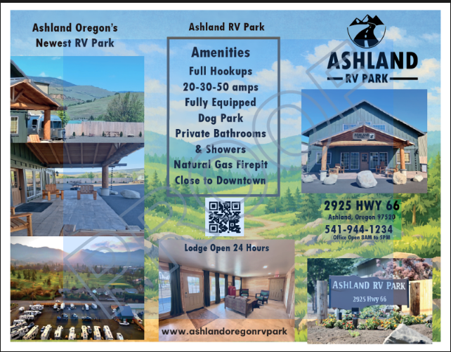 Ashland RV Park amenities flyer with photos, address and QR code